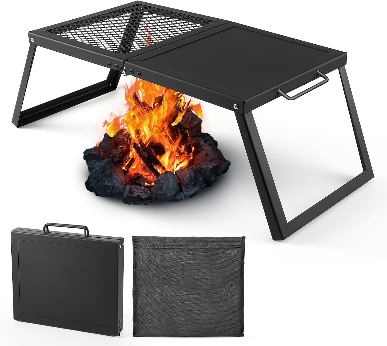 Folding Campfire Grill, Heavy Duty Steel Mesh Grate with Folding Legs and Storage Bag, Portable Camping Grates, Over Fire Pit Grill Rack for Outdoor Cooking and Bonfire