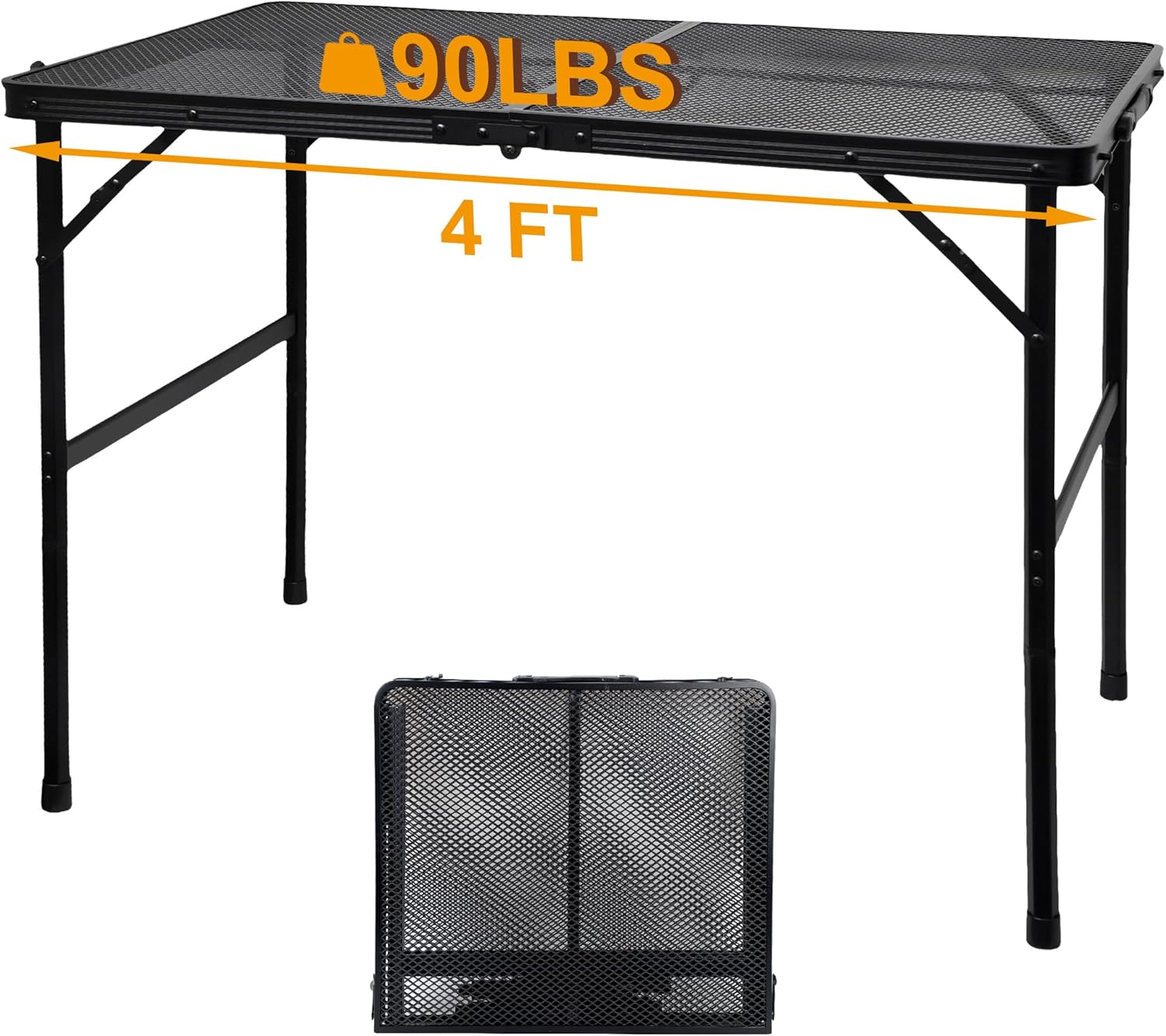 Camping Table with Mesh Desktop, Lightweight & Portable Folding Grill Table, Height Adjustable Metal Outdoor Table for Camp, Cooking, BBQ, RV, Picnic-3 FT Black