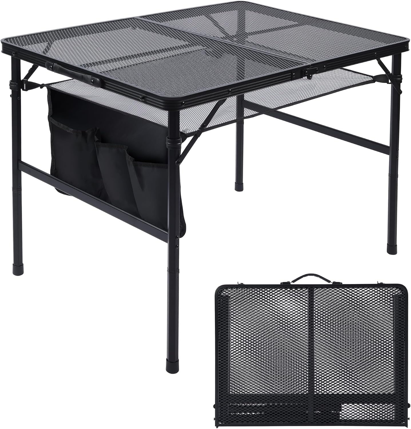 Folding Grill Table, 3x2 FT Portable Camping Table with 2 Wing Panels, Height Adjustable Metal Tables with Mesh Desktop and Mesh Bag, Outdoor Furniture for Camping, Picnic, Beach and BBQ, Black