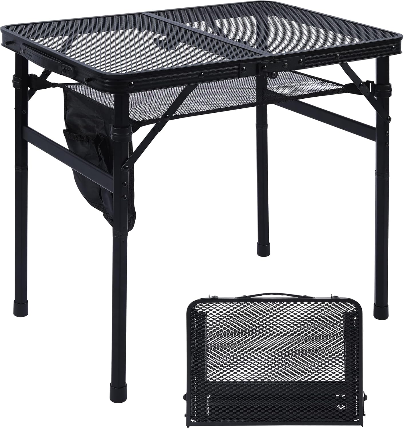 Folding Grill Table, 3x2 FT Portable Camping Table with 2 Wing Panels, Height Adjustable Metal Tables with Mesh Desktop and Mesh Bag, Outdoor Furniture for Camping, Picnic, Beach and BBQ, Black