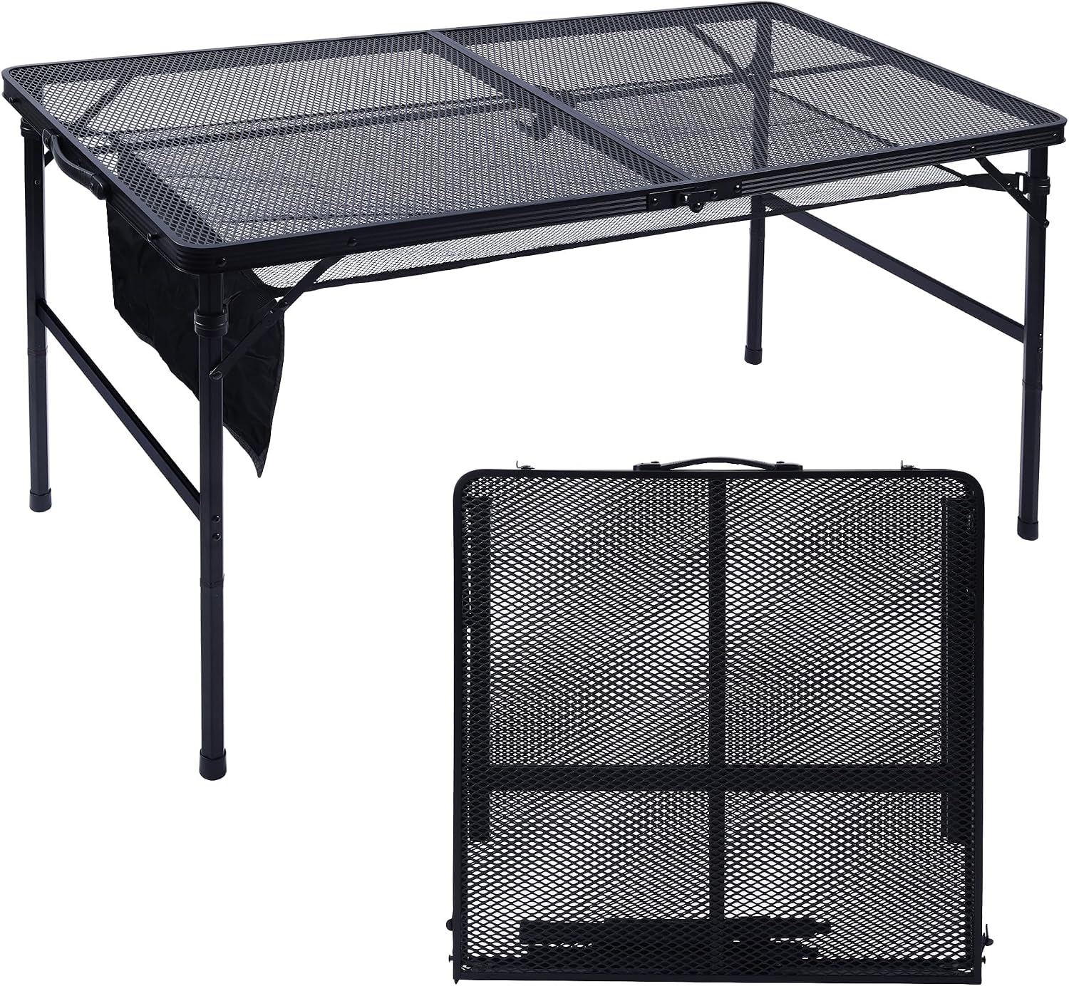 Folding Grill Table, 3x2 FT Portable Camping Table with 2 Wing Panels, Height Adjustable Metal Tables with Mesh Desktop and Mesh Bag, Outdoor Furniture for Camping, Picnic, Beach and BBQ, Black
