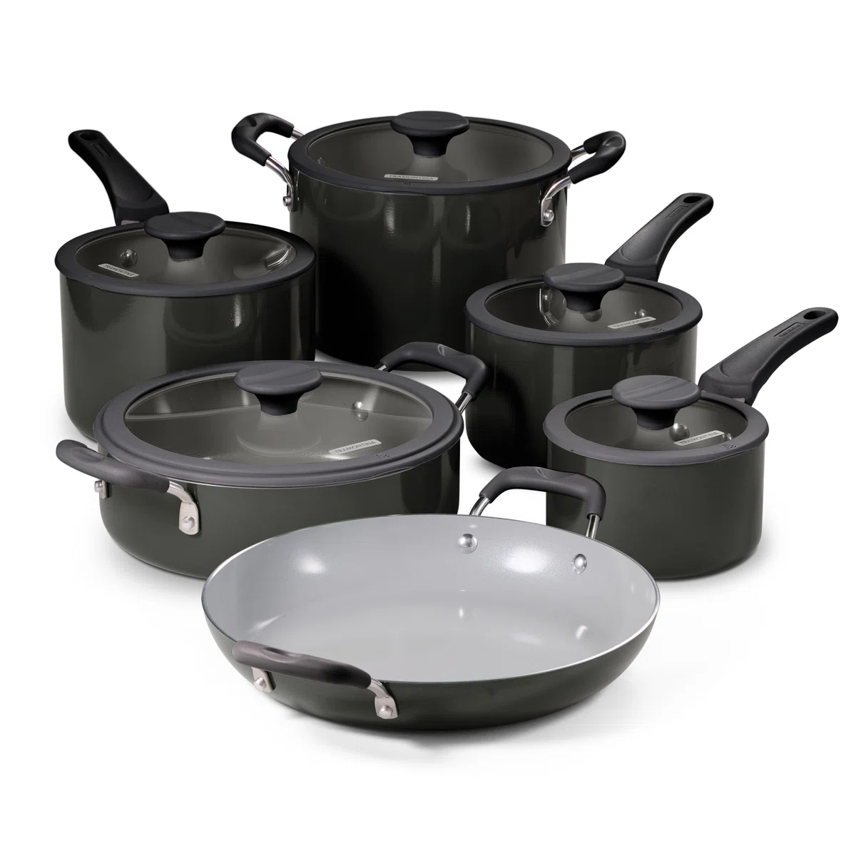 11 Piece Ceramic Nonstick Nesting Cookware Set — Stackable, Space Saving Set - Dark Gray