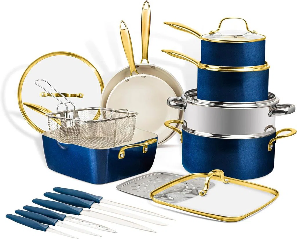 Navy 20 Piece Ultra Nonstick Ceramic Cookware Set With Knutriblade Knives