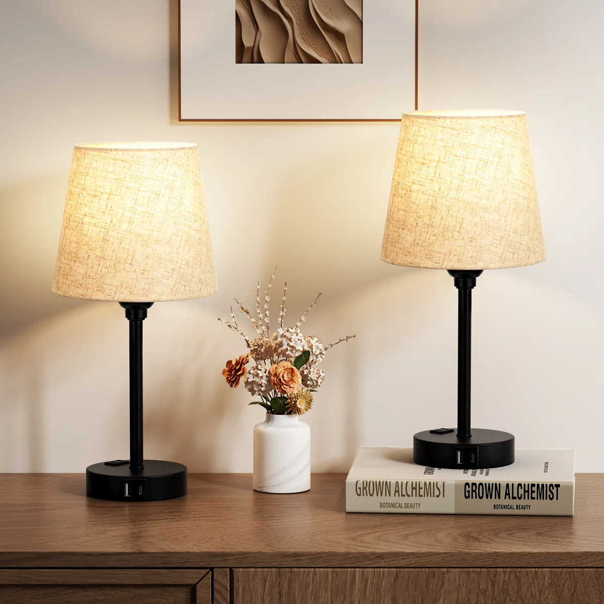 15'' Minimal Table Lamp Set with Touch Control, AC Outlet and USB A&C Ports (Set of 2)