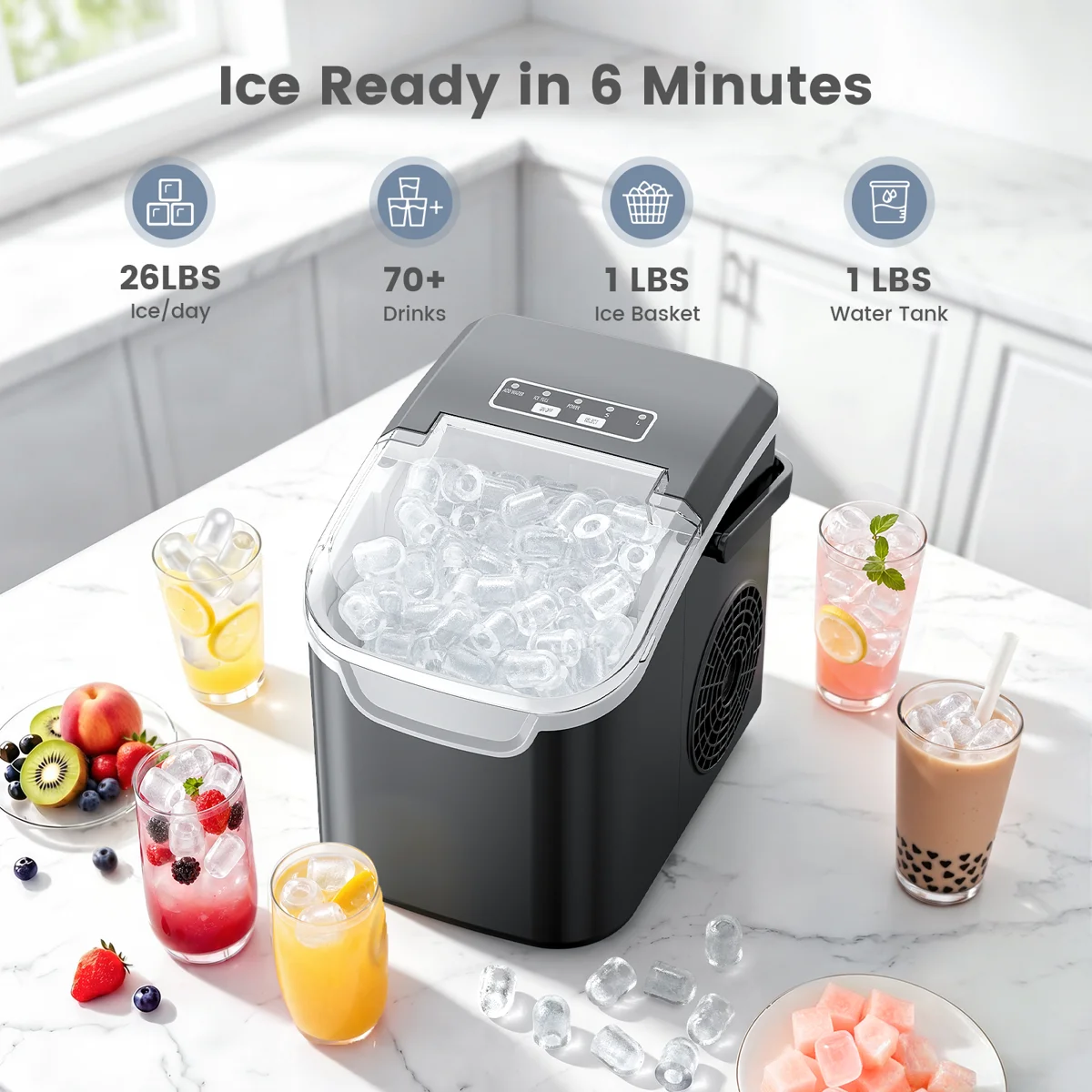 Countertop Ice Maker Ice Machine With Handle,Self-Cleaning Ice Makers, 26Lbs/24H, 8 Ice Cubes Ready In 6 Mins For Home/Kitchen/Bar/Party/Camping