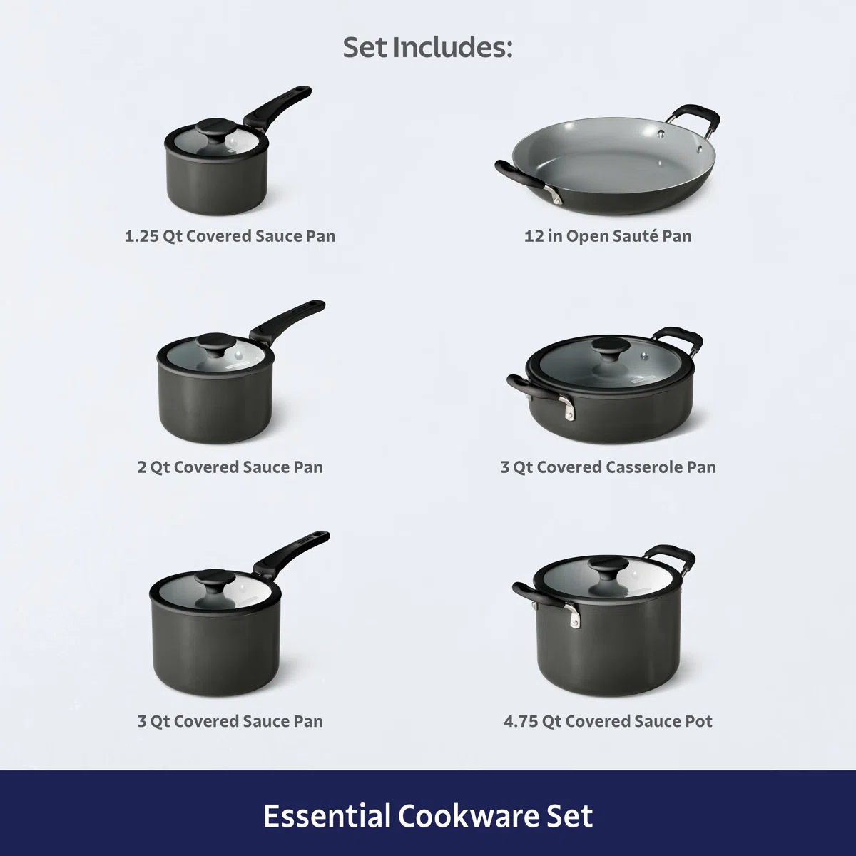 11 Piece Ceramic Nonstick Nesting Cookware Set — Stackable, Space Saving Set - Dark Gray