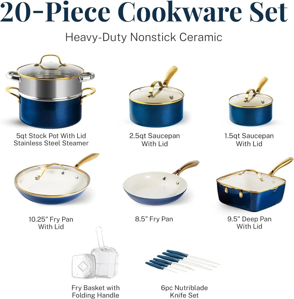 Navy 20 Piece Ultra Nonstick Ceramic Cookware Set With Knutriblade Knives