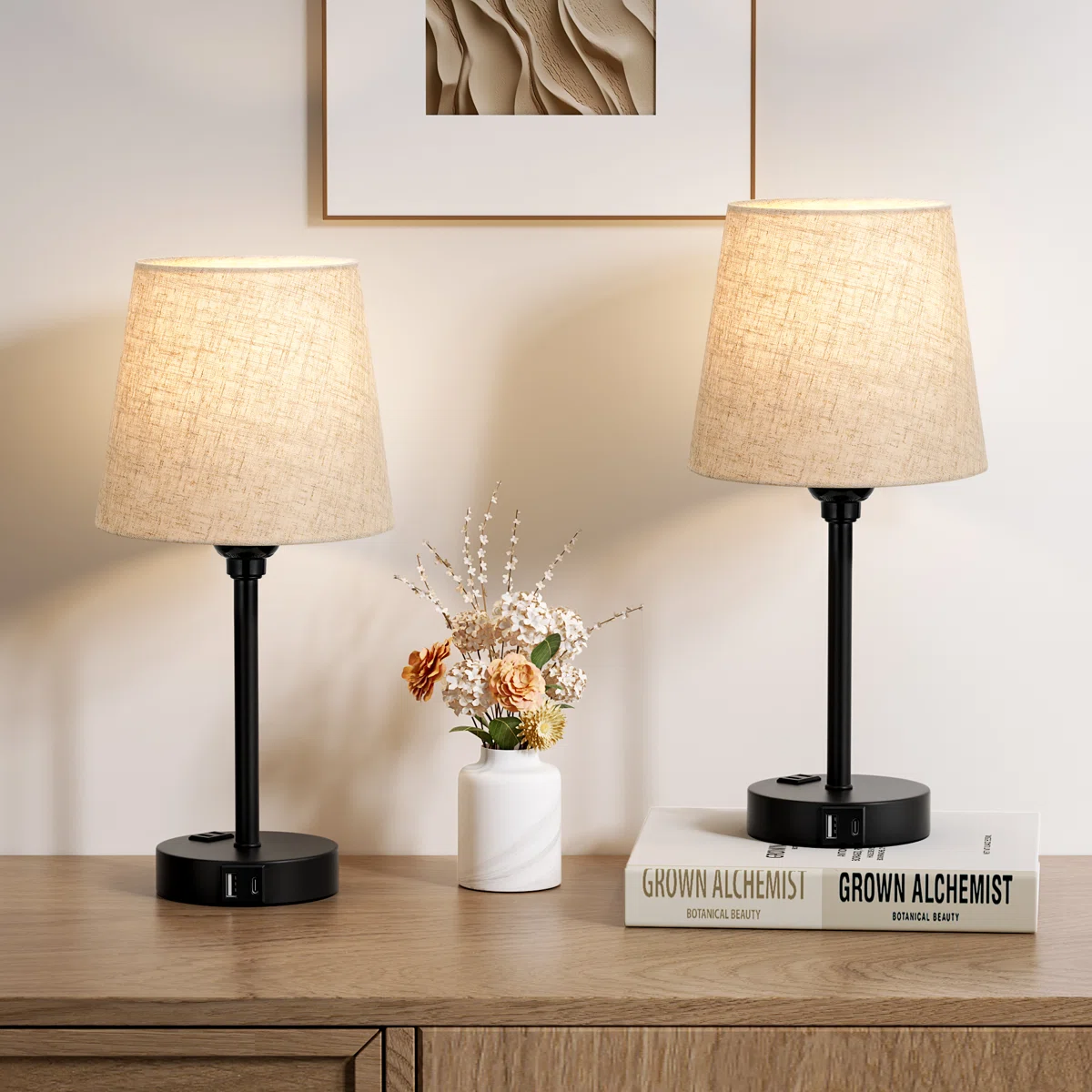 15'' Minimal Table Lamp Set with Touch Control, AC Outlet and USB A&C Ports (Set of 2)