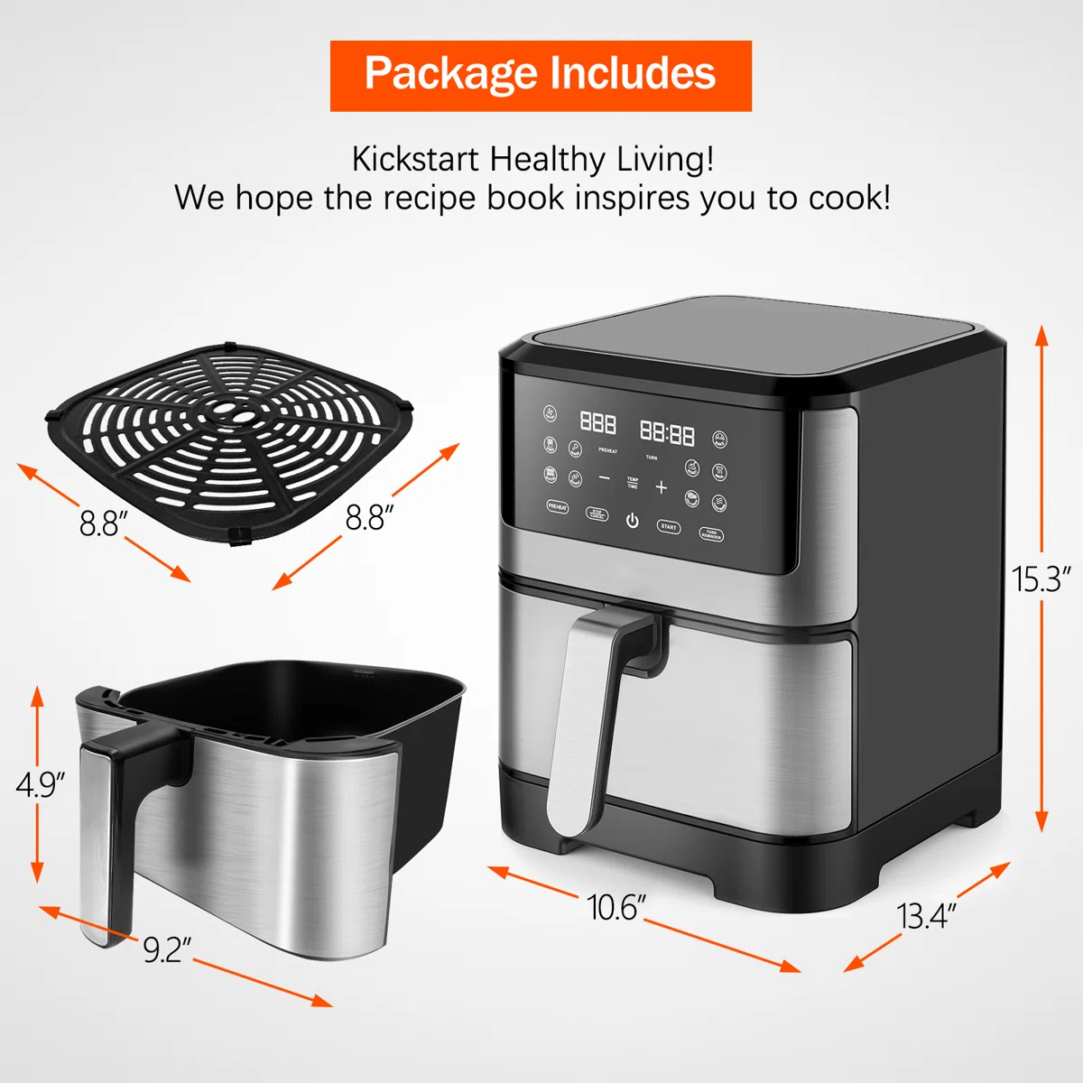 8 Qt Digital Air Fryer With 10-one Touch Presets, Stainless Steel, Black
