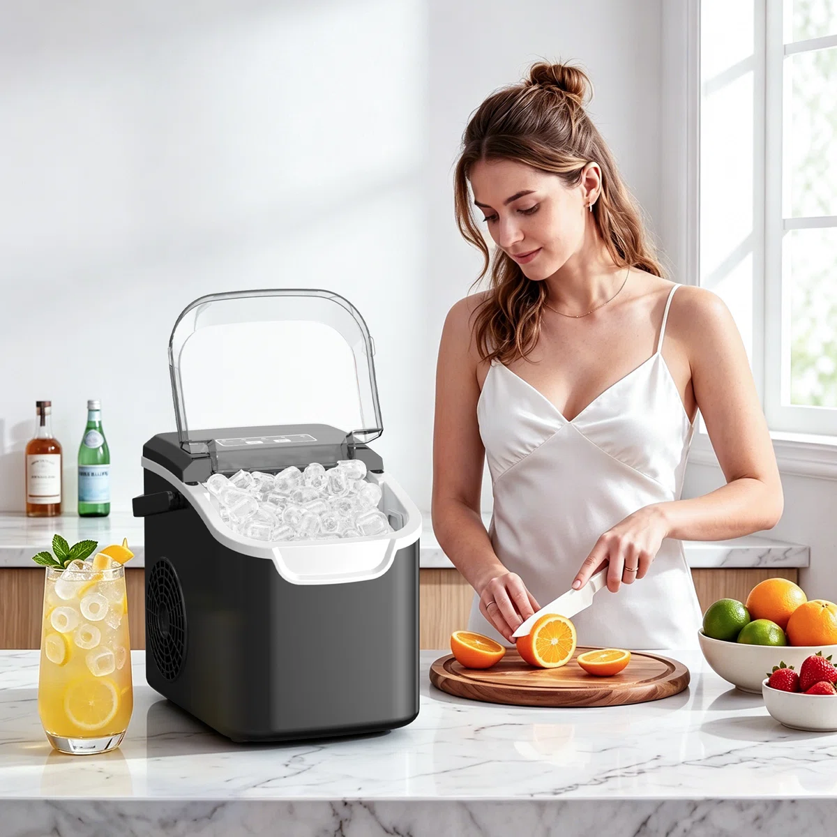Countertop Ice Maker Ice Machine With Handle,Self-Cleaning Ice Makers, 26Lbs/24H, 8 Ice Cubes Ready In 6 Mins For Home/Kitchen/Bar/Party/Camping