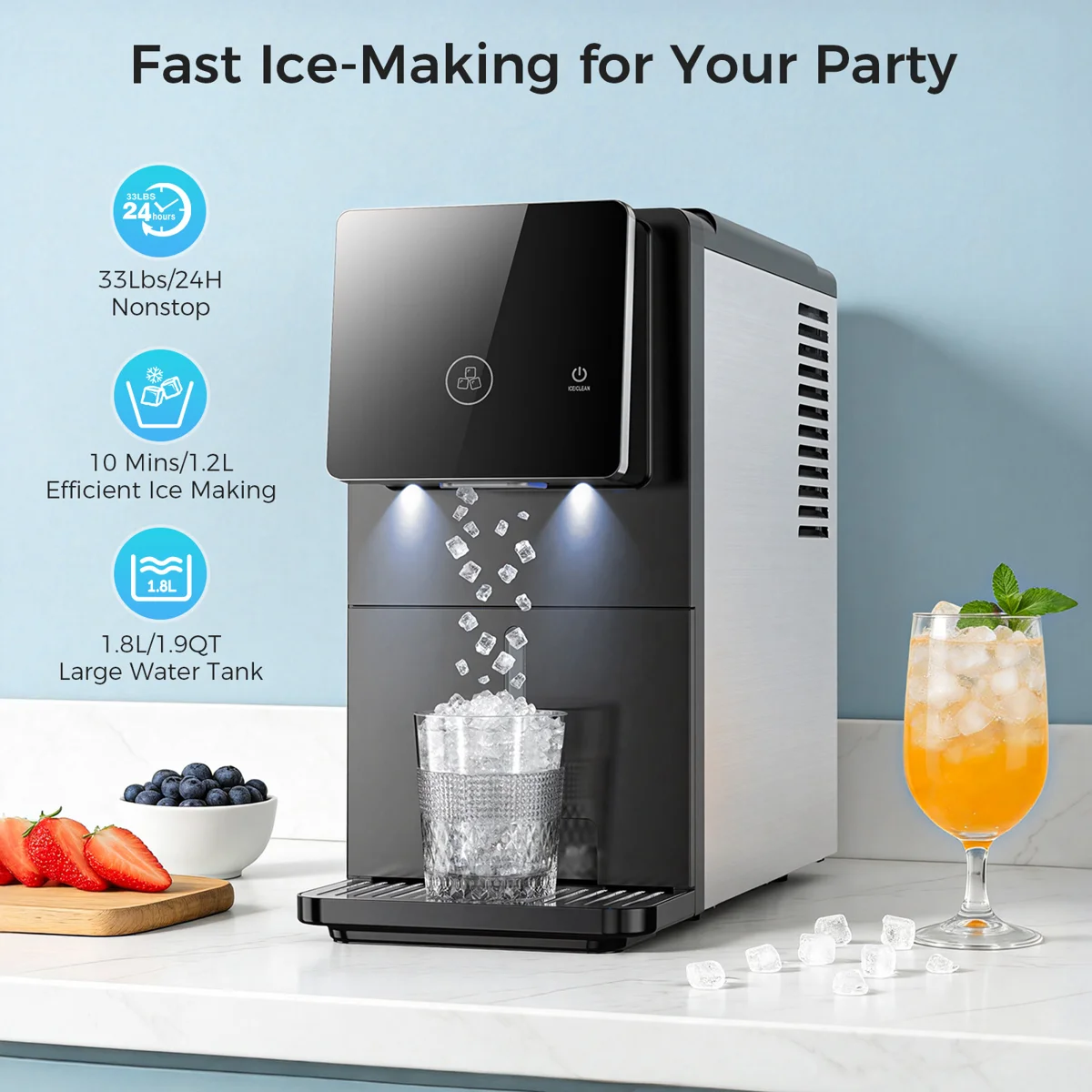 33 Lbs/Day Countertop Nugget Ice Maker, Portable Self-Cleaning, Auto Lighting & Measured Dispensing, Ice Full Minder For Home Kitchen Office Black