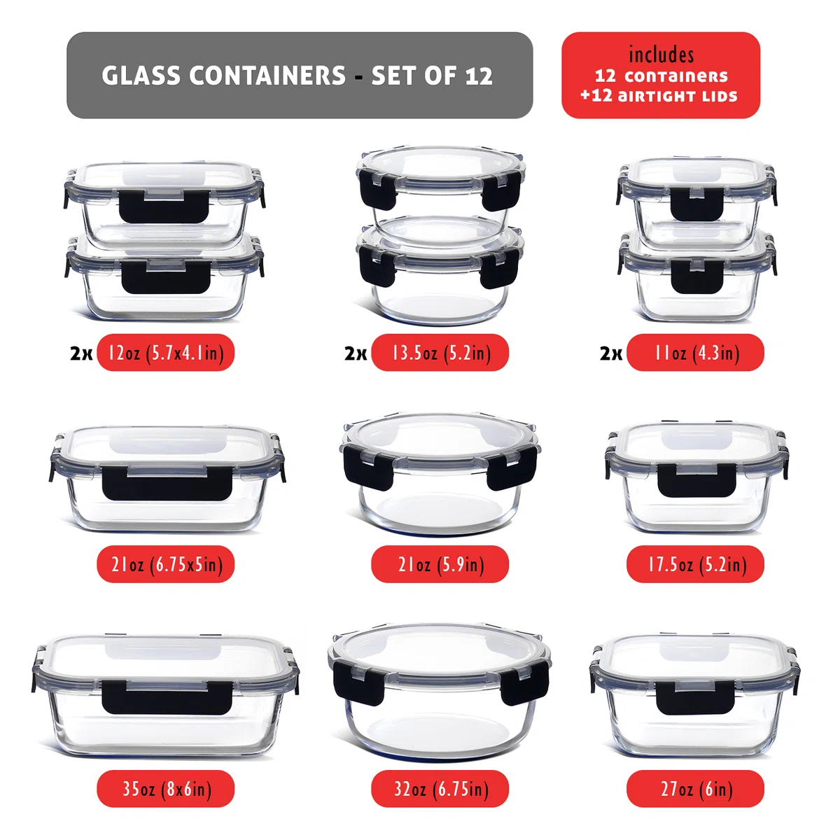 24-piece Glass Food Storage Containers with Lids, Food Storage Containers with Airtight Lids 12 containers and 12 lids