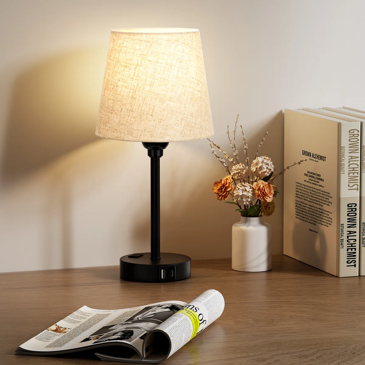 15'' Minimal Table Lamp Set with Touch Control, AC Outlet and USB A&C Ports (Set of 2)