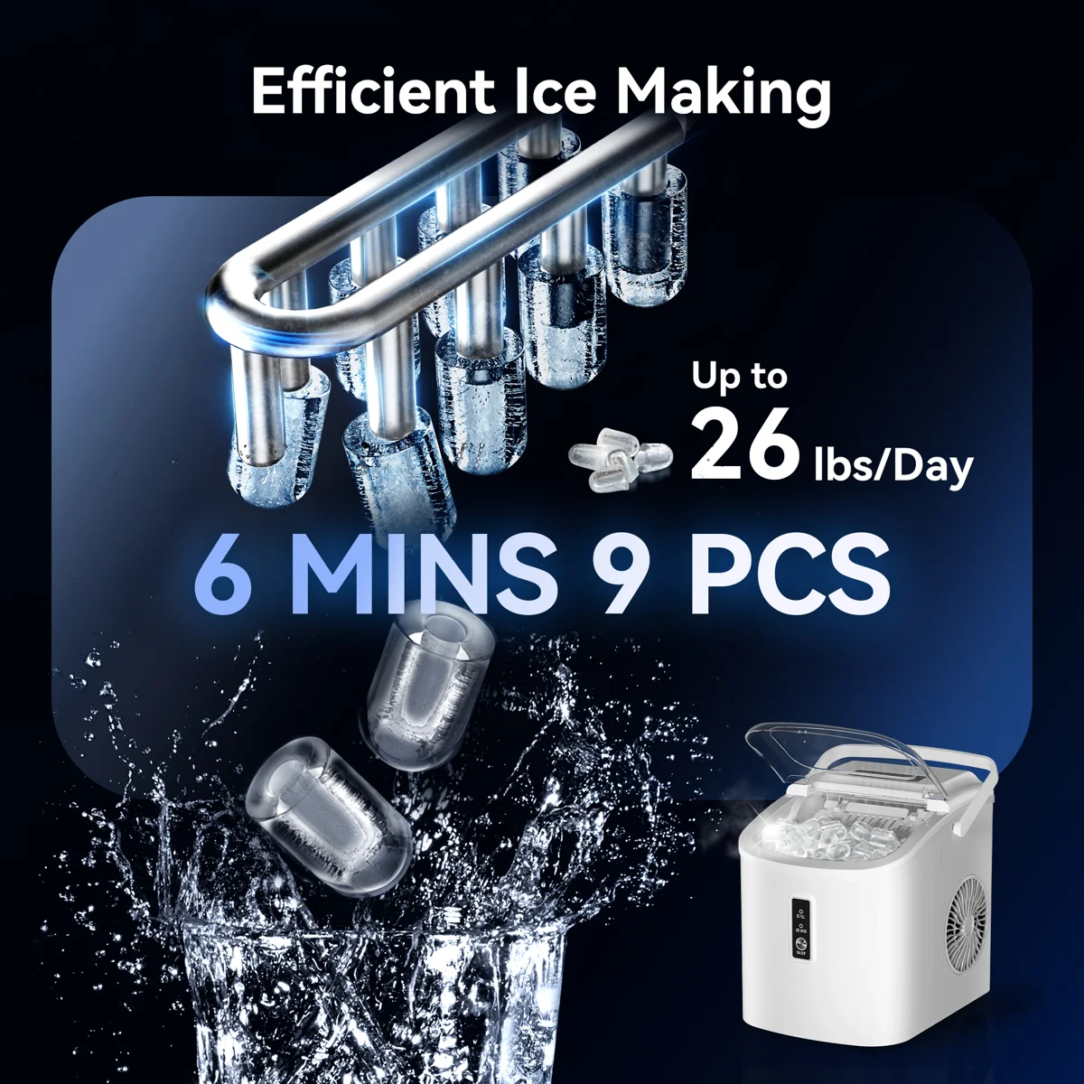 26Lbs. Daily Bullet Ice Countertop Ice Maker Ice Machine With Handle,Self-Cleaning Ice Makers, 26Lbs/24H, 9 Ice Cubes Ready In 6 Mins For Home/Kitchen/Bar/RV/Party/Camping