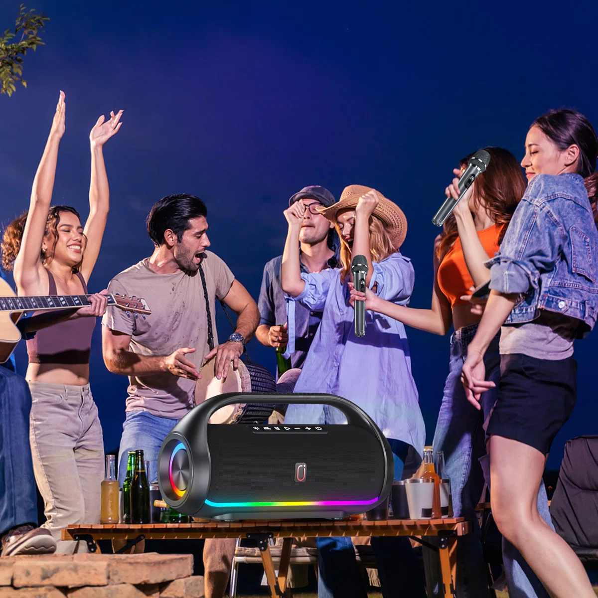 Portable Waterproof Bluetooth Speaker With Powerful Bass & Led Lights, Portable Wireless Speaker For Home, Beach, Outdoor Camping, Supports Usb/tf Card/aux/tws Function,3d Surround Stereo Music Player