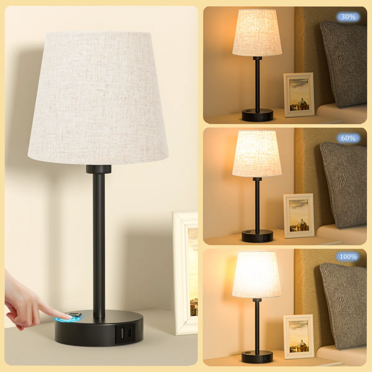 15'' Minimal Table Lamp Set with Touch Control, AC Outlet and USB A&C Ports (Set of 2)