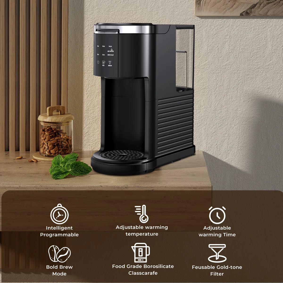 Single-Serve Coffee Maker for K-Cups & Ground Coffee, Featuring 5 Brew Sizes, 40oz Tank & Instant Heat in Black 