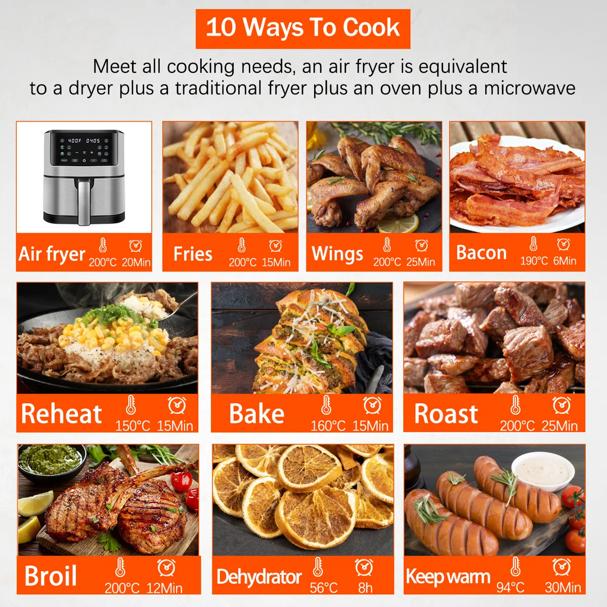 8 Qt Digital Air Fryer With 10-one Touch Presets, Stainless Steel, Black