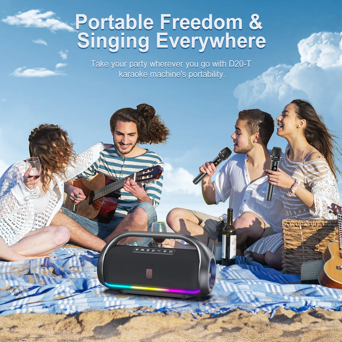 Portable Waterproof Bluetooth Speaker With Powerful Bass & Led Lights, Portable Wireless Speaker For Home, Beach, Outdoor Camping, Supports Usb/tf Card/aux/tws Function,3d Surround Stereo Music Player