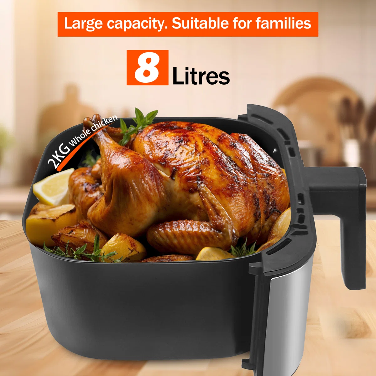 8 Qt Digital Air Fryer With 10-one Touch Presets, Stainless Steel, Black