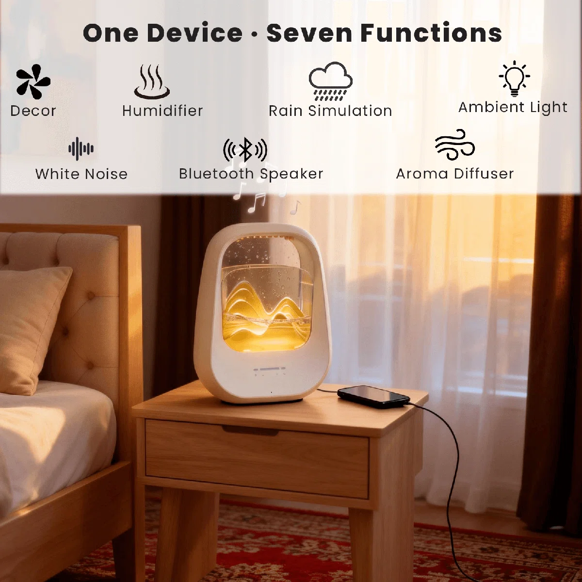 Rain Drop White Noise Machine With Humidifier, Bluetooth Speaker & Aroma Diffuser, 7-color Mood Light And Nature Sounds For Bedroom, Office & Meditation