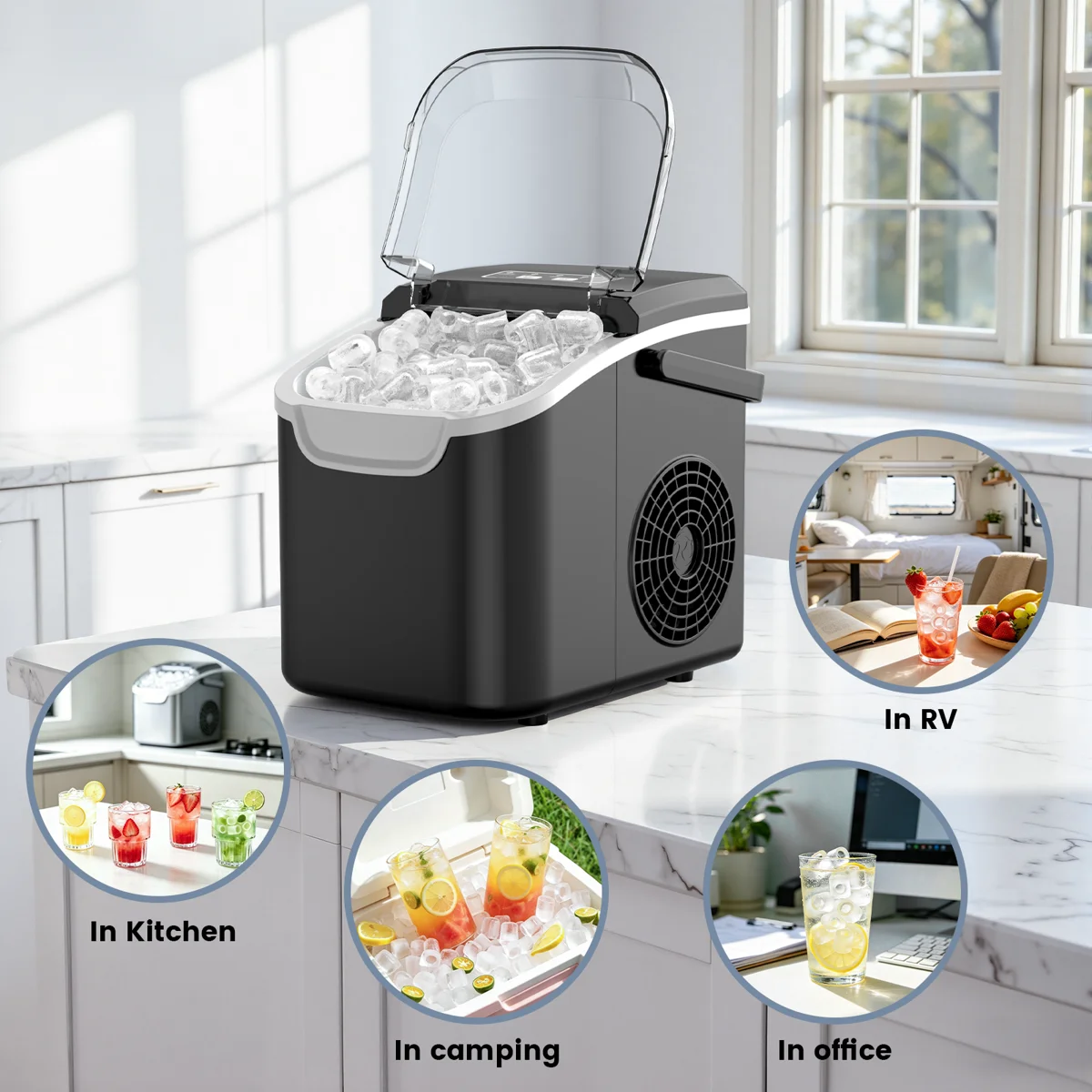 Countertop Ice Maker Ice Machine With Handle,Self-Cleaning Ice Makers, 26Lbs/24H, 8 Ice Cubes Ready In 6 Mins For Home/Kitchen/Bar/Party/Camping