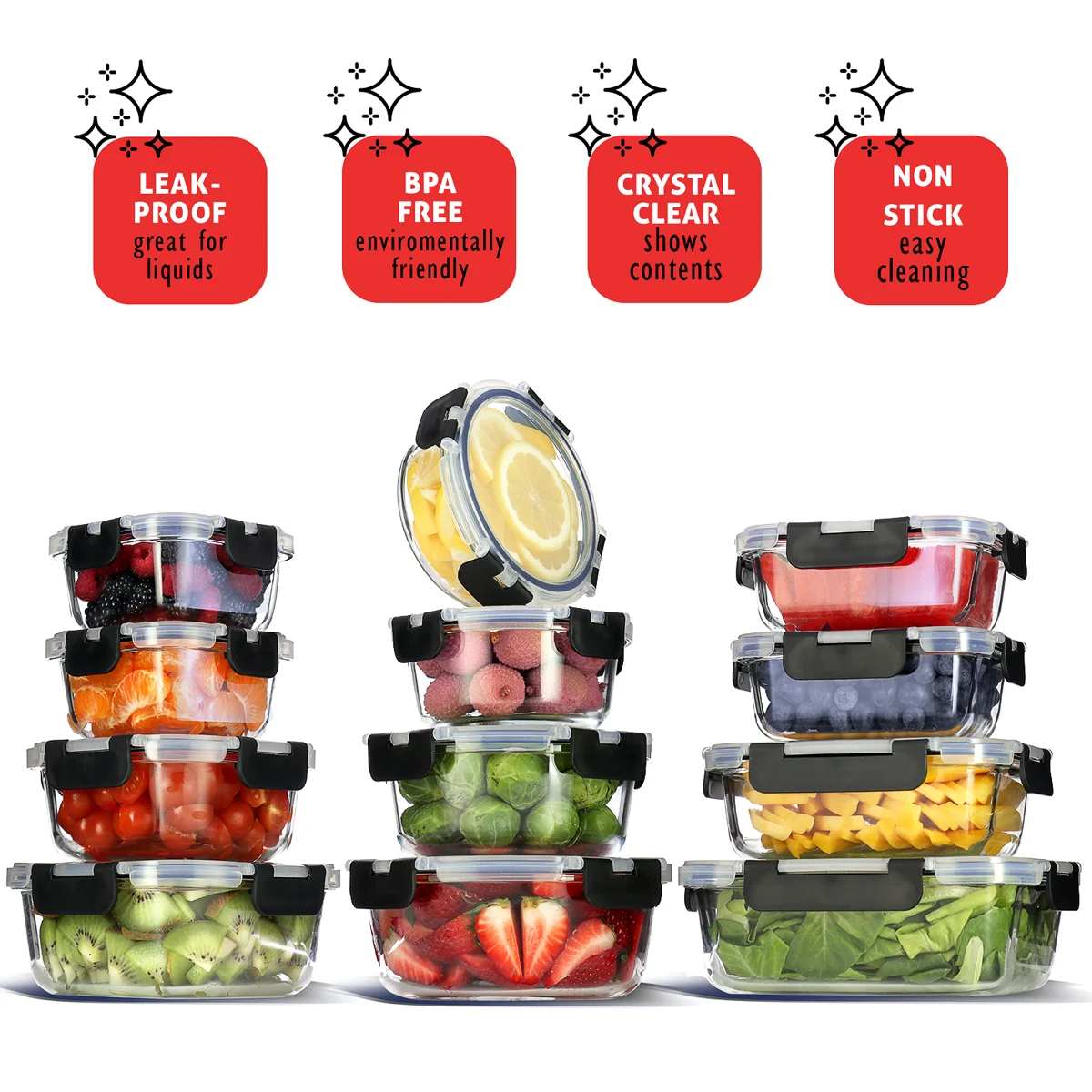 24-piece Glass Food Storage Containers with Lids, Food Storage Containers with Airtight Lids 12 containers and 12 lids