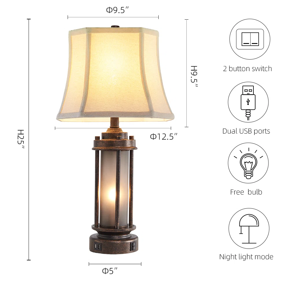 25" Louann Table Lamp Set With Night Light And USB Ports