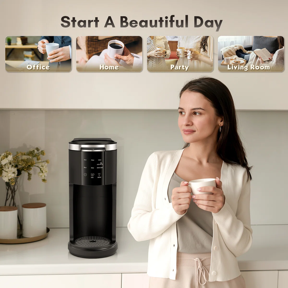 Single-Serve Coffee Maker for K-Cups & Ground Coffee, Featuring 5 Brew Sizes, 40oz Tank & Instant Heat in Black 