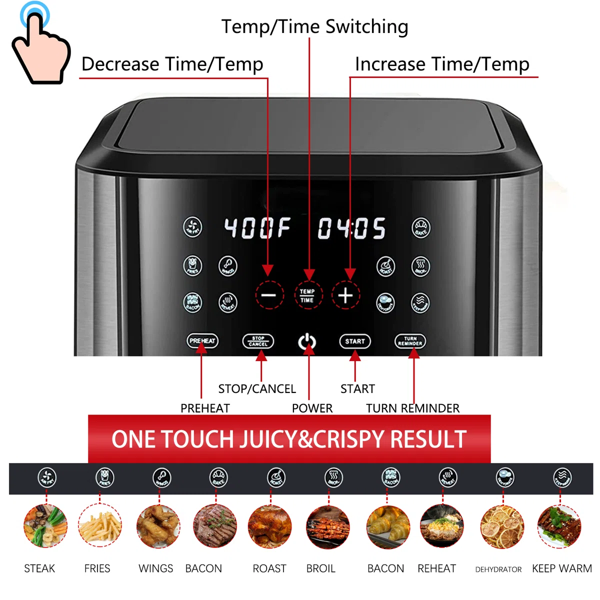 8 Qt Digital Air Fryer With 10-one Touch Presets, Stainless Steel, Black