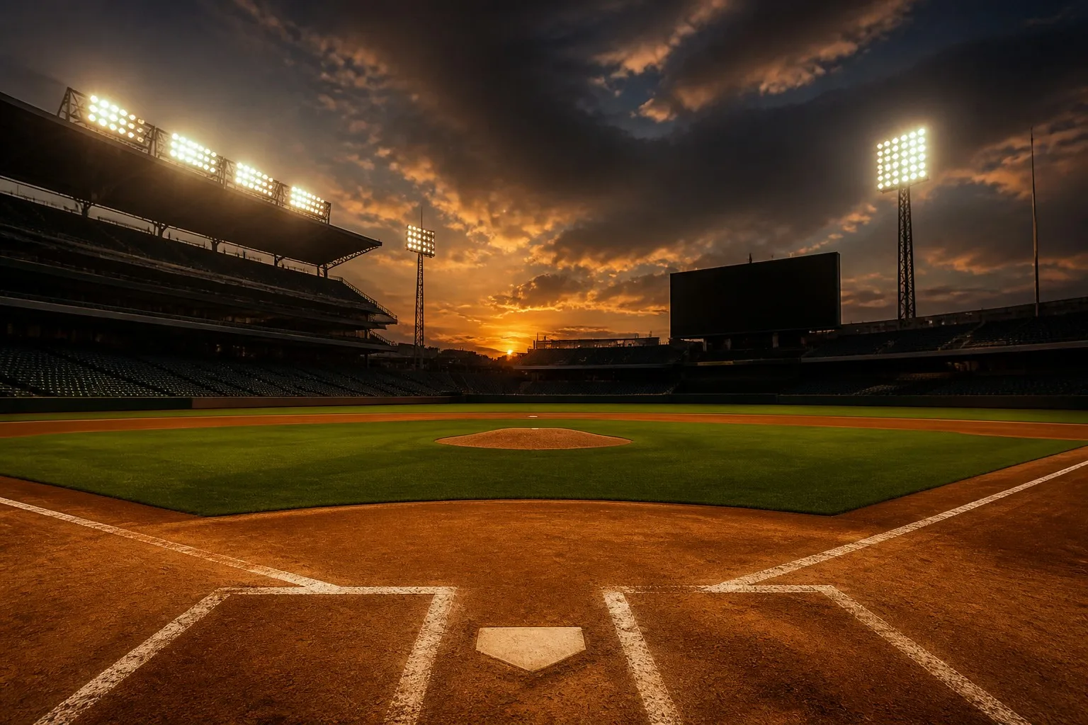 Dramatic empty MLB baseball stadium at dusk under stadium floodlights