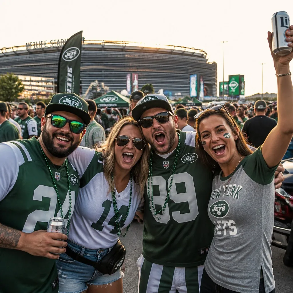 NFL fans tailgating in team jerseys before a season opener