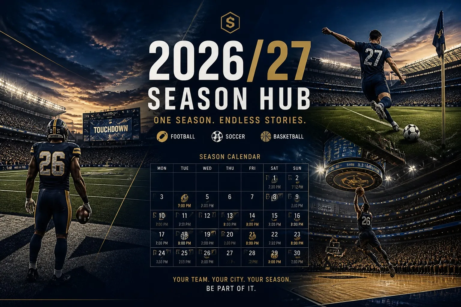 2026/27 sports season hub collage of football soccer and basketball stadiums