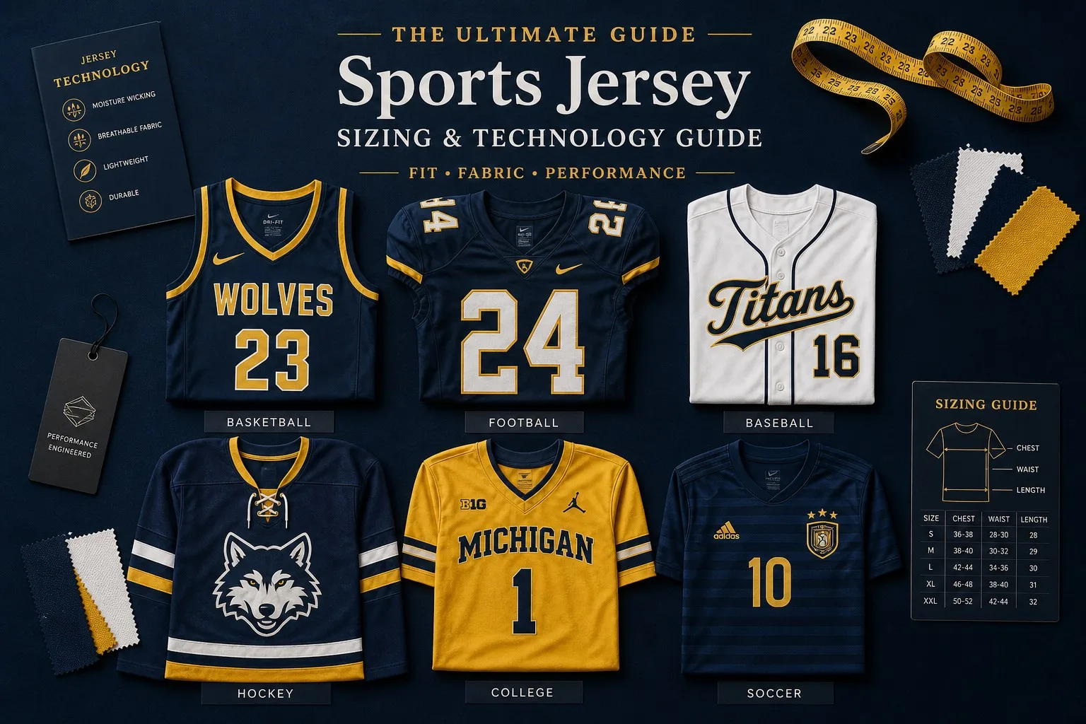 Sports jersey sizing chart and fabric technology comparison flat lay