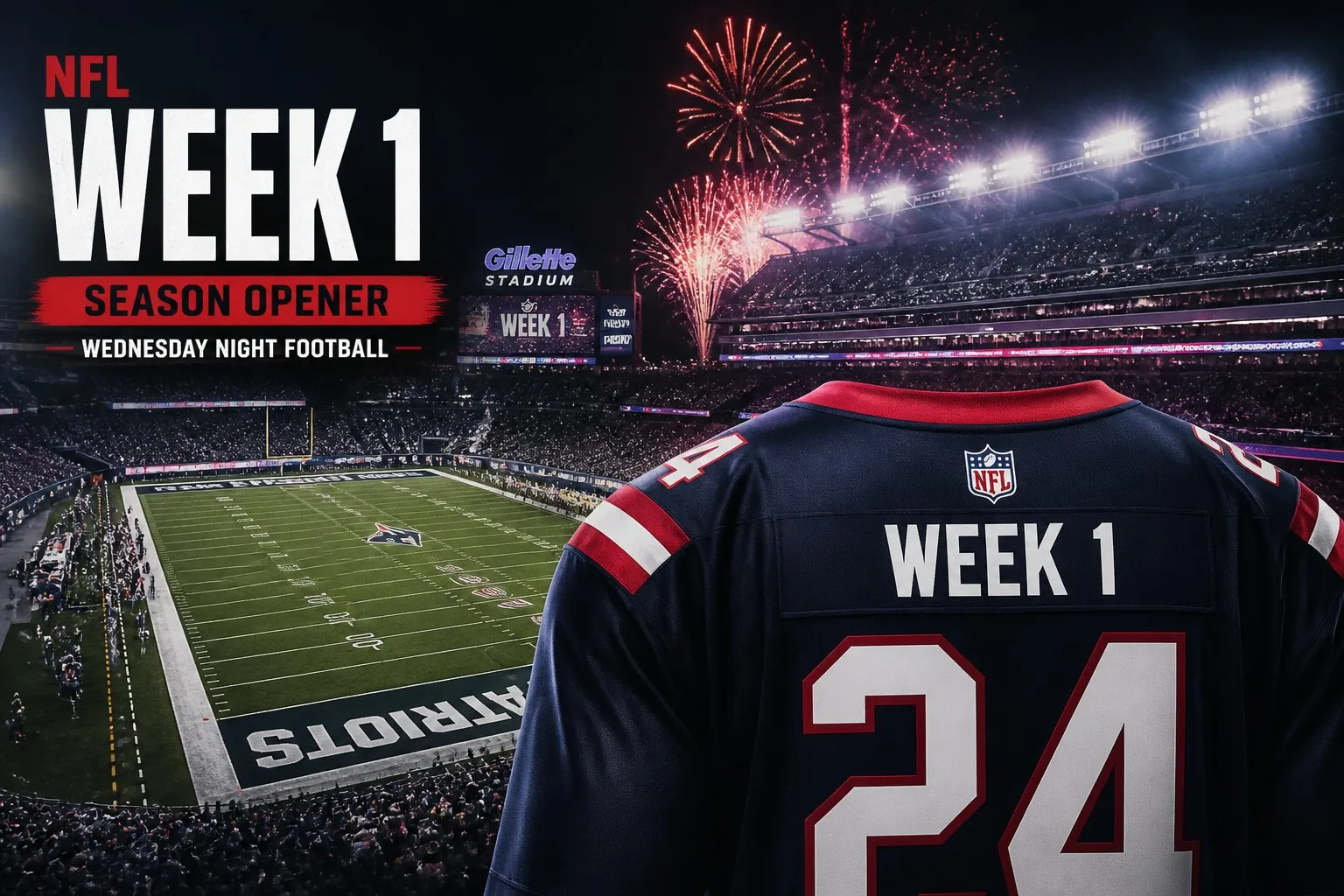 NFL Week 1 2026 season opener jersey guide cover with stadium floodlights
