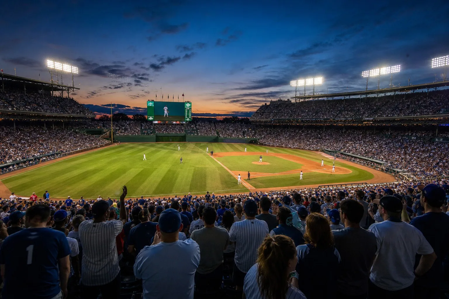 Baseball stadium at dusk during a tense late-season pennant race game