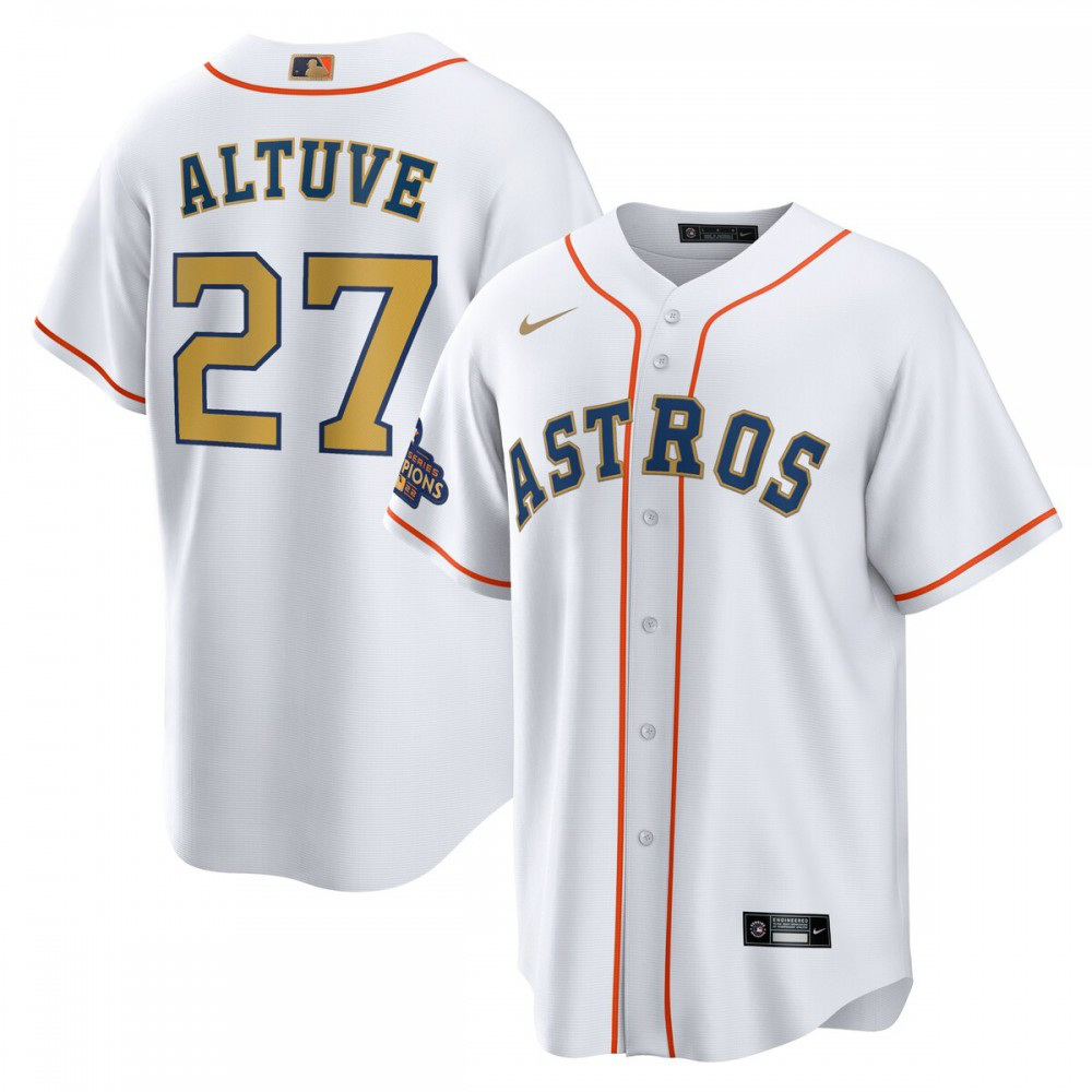 Jose Altuve Houston Astros 2023 Gold Collection Replica Player Jersey - White/Gold-Pro Kit Vault | Brand New 26/27 Sports Jerseys