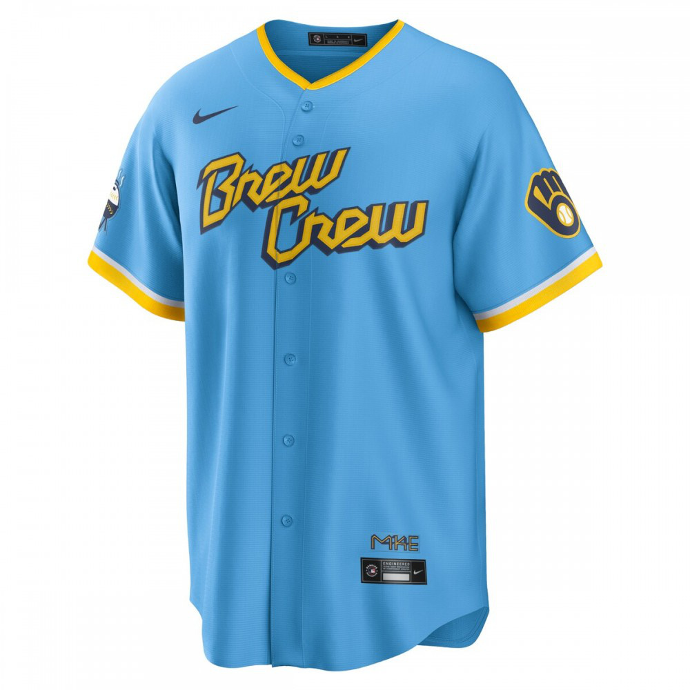 Lorenzo Cain Milwaukee Brewers 2022 City Connect Replica Player Jersey - Powder Blue-Pro Kit Vault | Brand New 26/27 Sports Jerseys