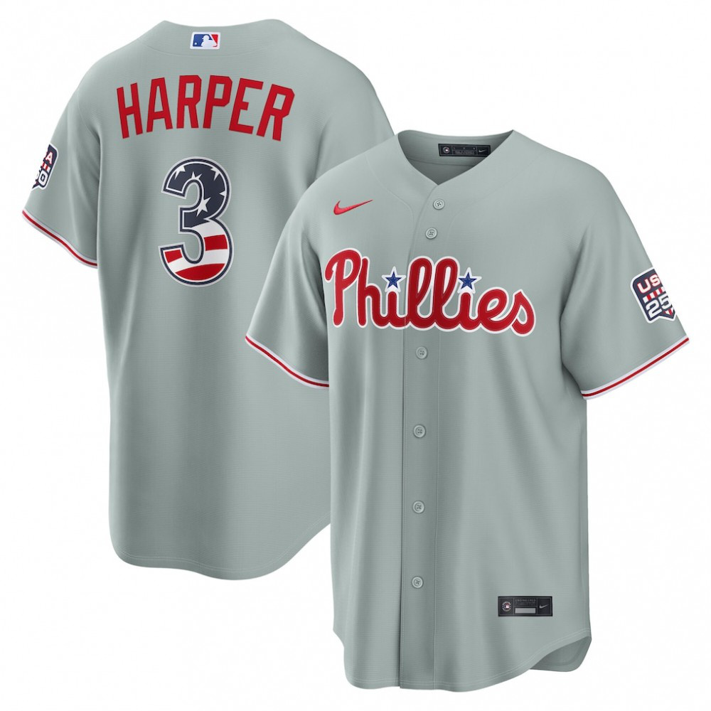 Bryce Harper Philadelphia Phillies USA 250 Fourth of July Road Stadium Jersey - Gray-Pro Kit Vault | Brand New 26/27 Sports Jerseys