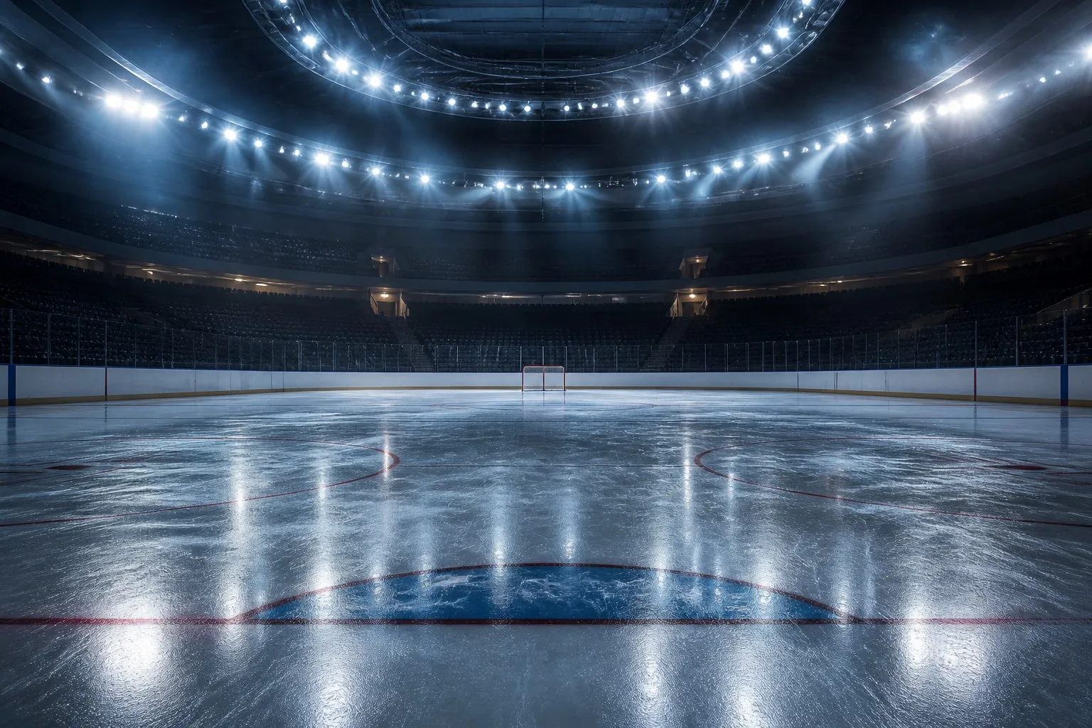 Dramatic empty NHL ice hockey arena at night under bright lights