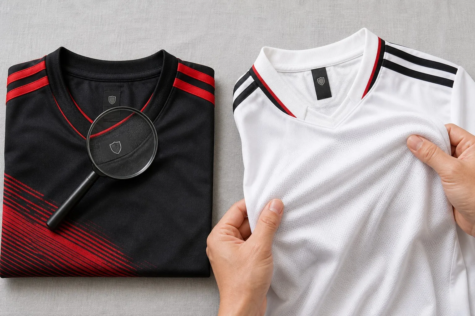 Comparing jersey stitching and tag details with a magnifying glass to check authenticity
