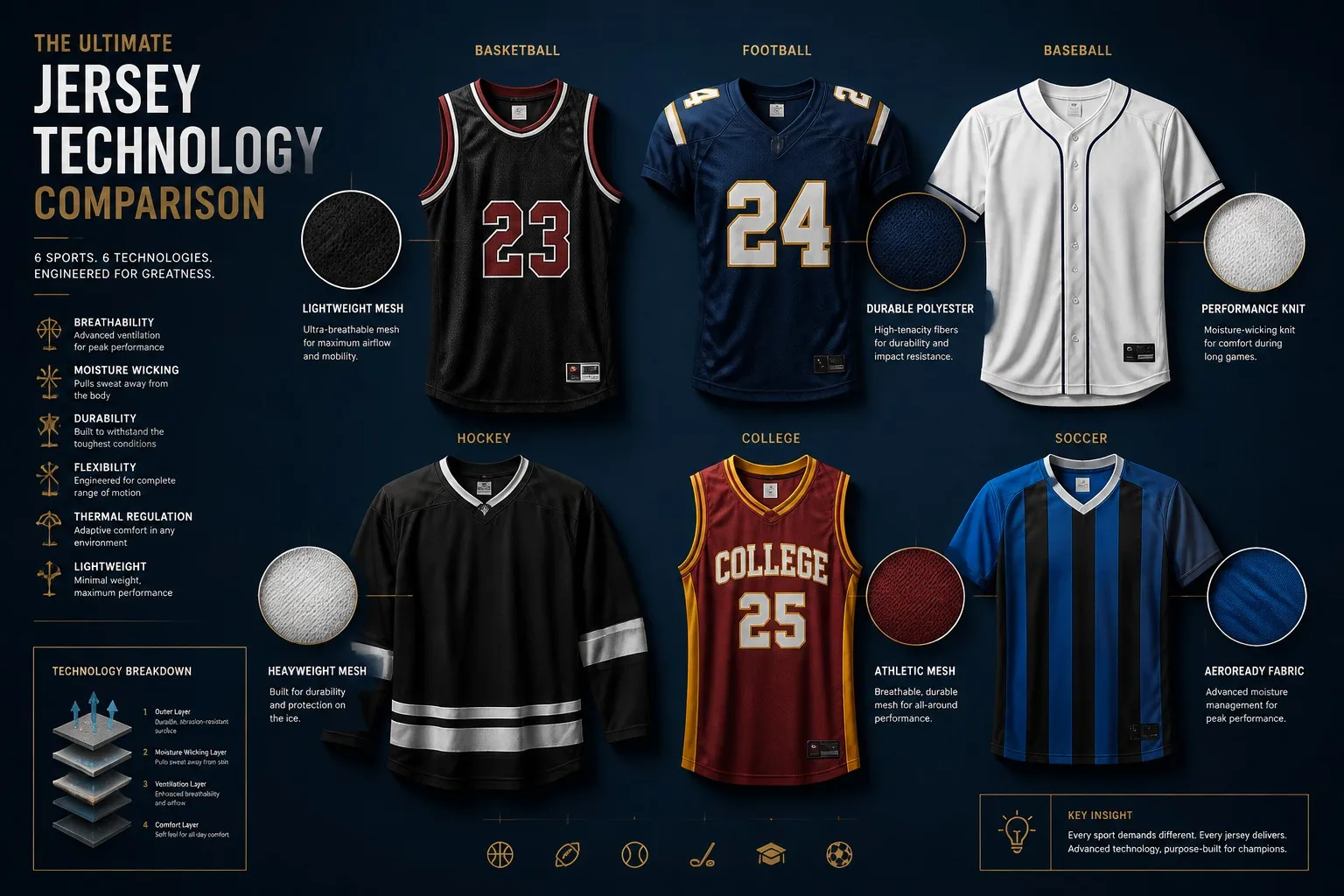 Cross league jersey technology comparison flat lay NBA NFL MLB NHL soccer