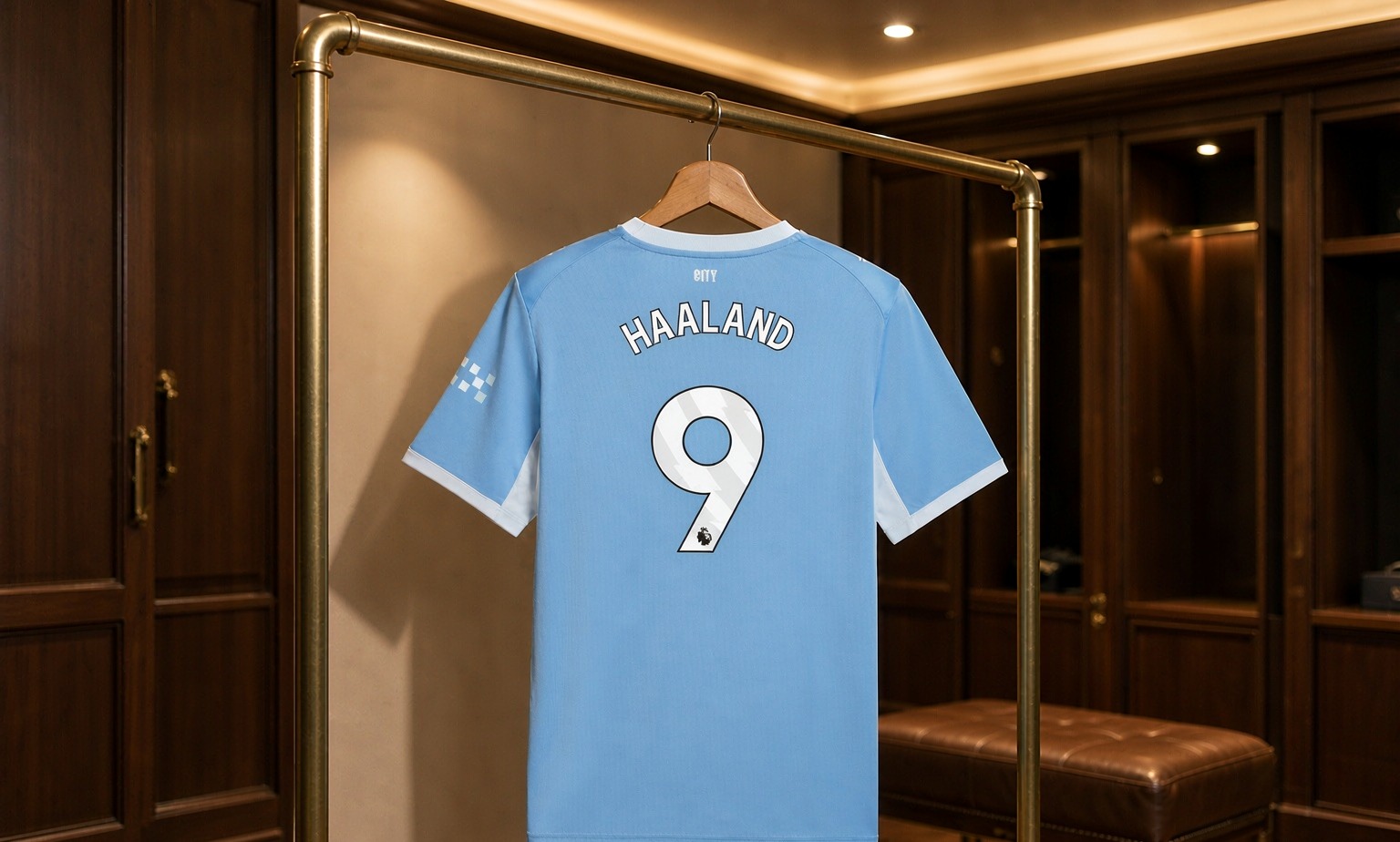 Our 2026/27 Manchester City No.9 shirt in the dressing room