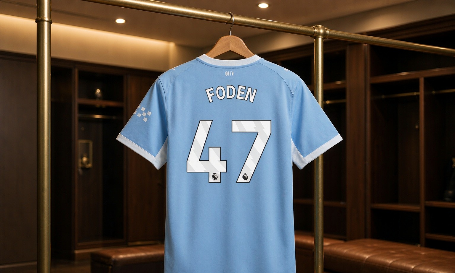 Our 2026/27 Manchester City No.47 shirt in the dressing room