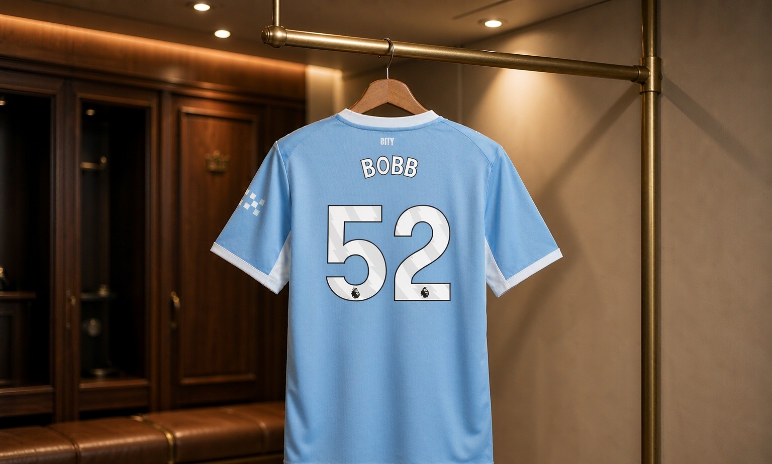 Our 2026/27 Manchester City No.52 shirt in the dressing room