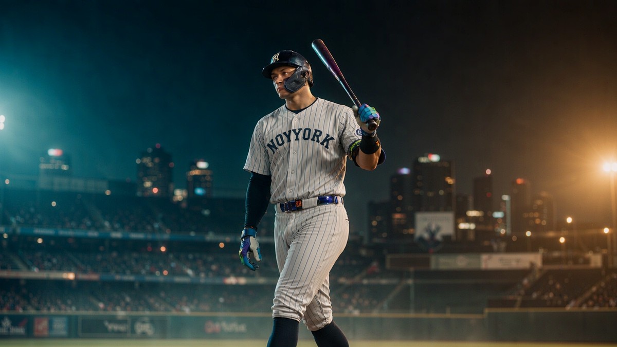 New York Yankees batter waiting at the plate under floodlights