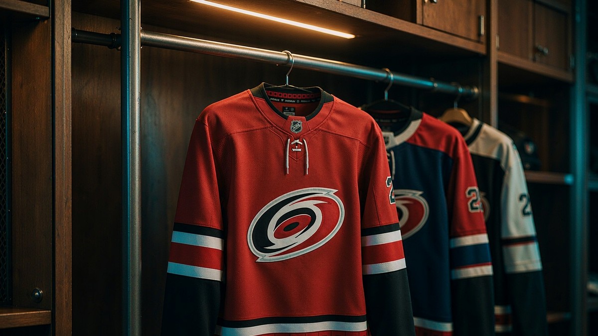 Ice hockey jerseys on a locker room rail