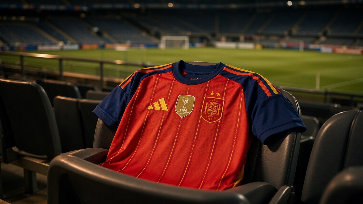 Spain home jersey laid across a stadium seat under floodlights
