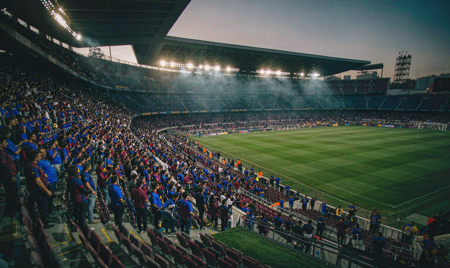 Camp Nou at dusk - claret and blue