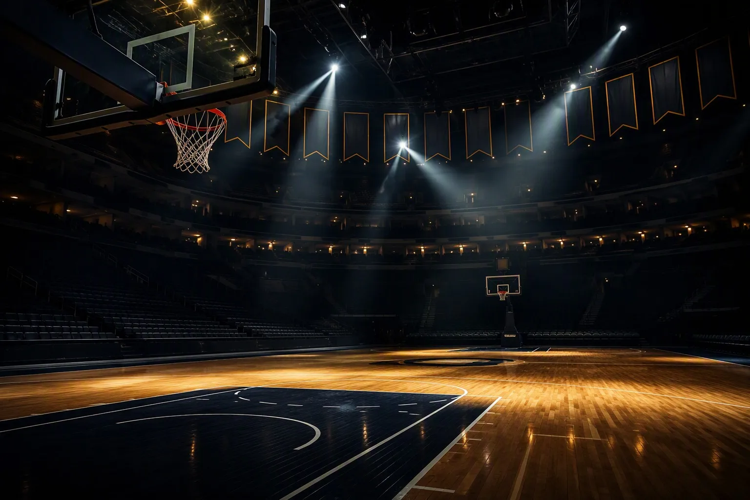 Dramatic empty NBA basketball arena at night under bright spotlights